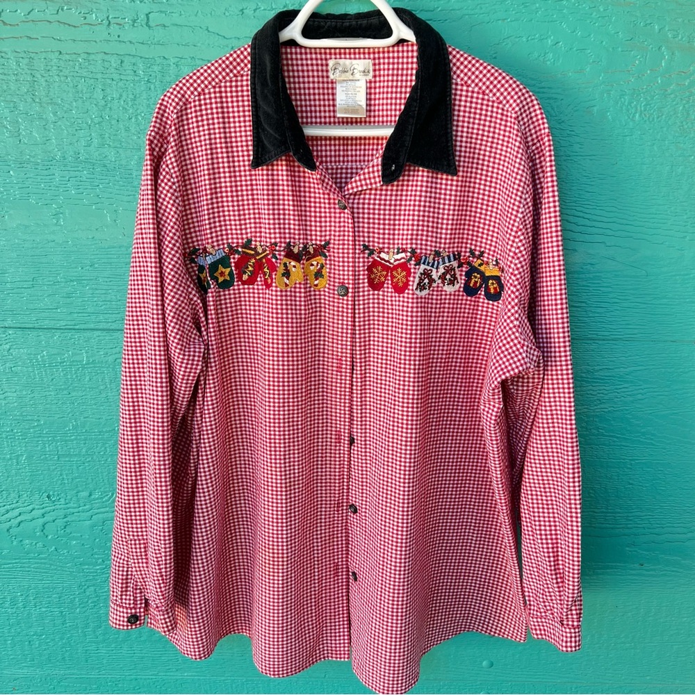 RED WHITE GINGHAM CHECK VELVET COLLAR BUTTON FRONT COTTON HOLIDAY SHIRT SIZE XXL